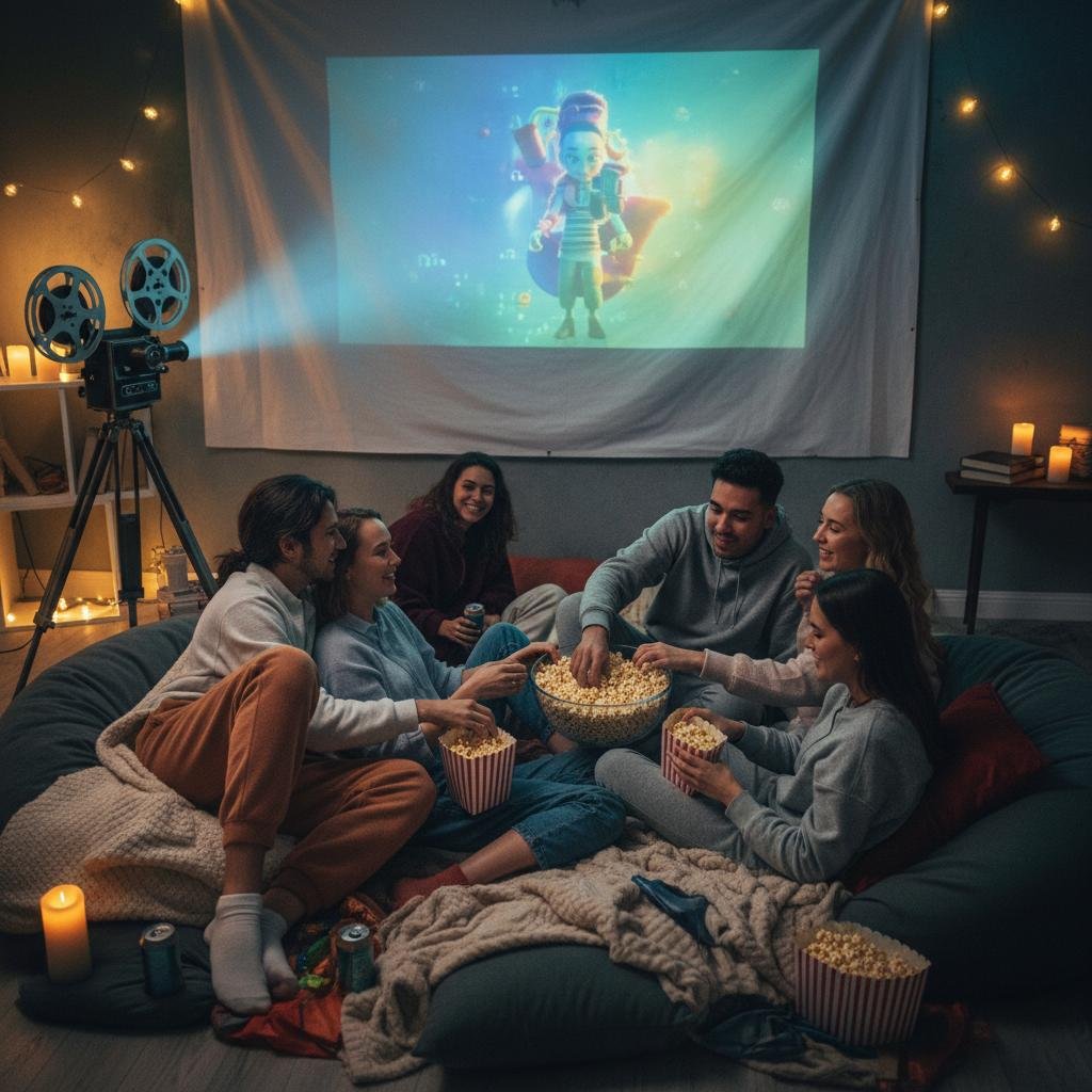 Cozy movie night birthday party with floor cushions, blankets, popcorn bowls and warm fairy lights.