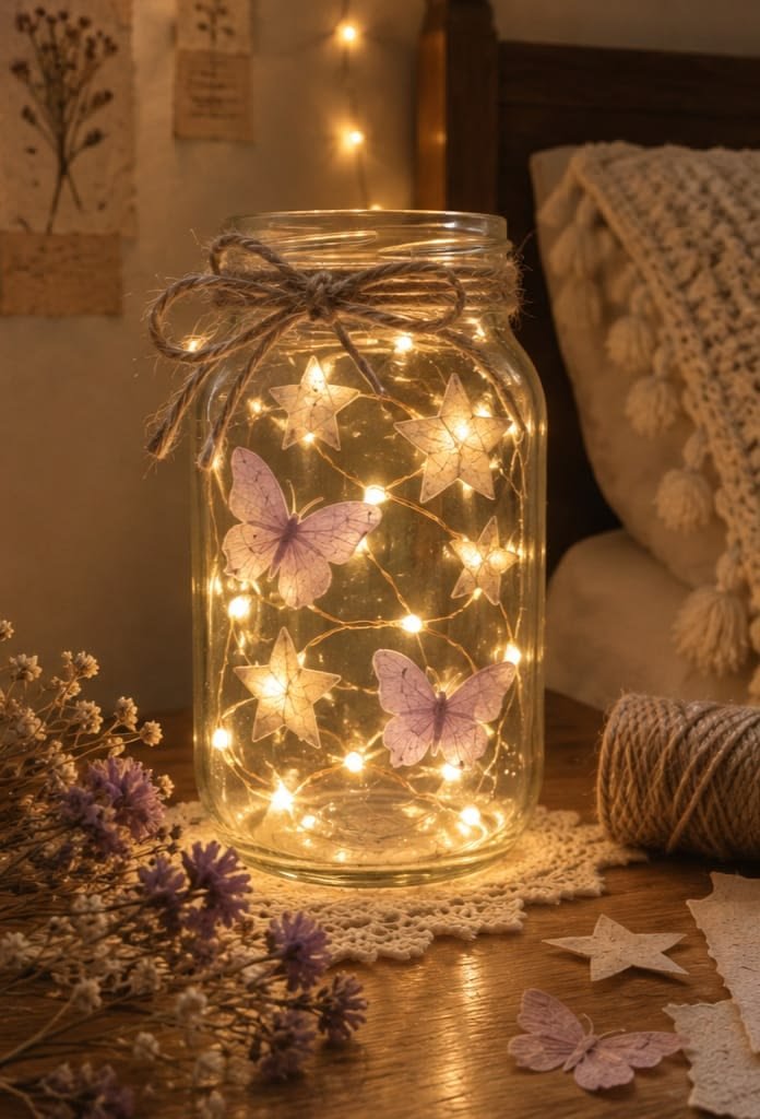 Glass jar filled with warm-white battery-powered fairy lights as affordable bedroom decor.