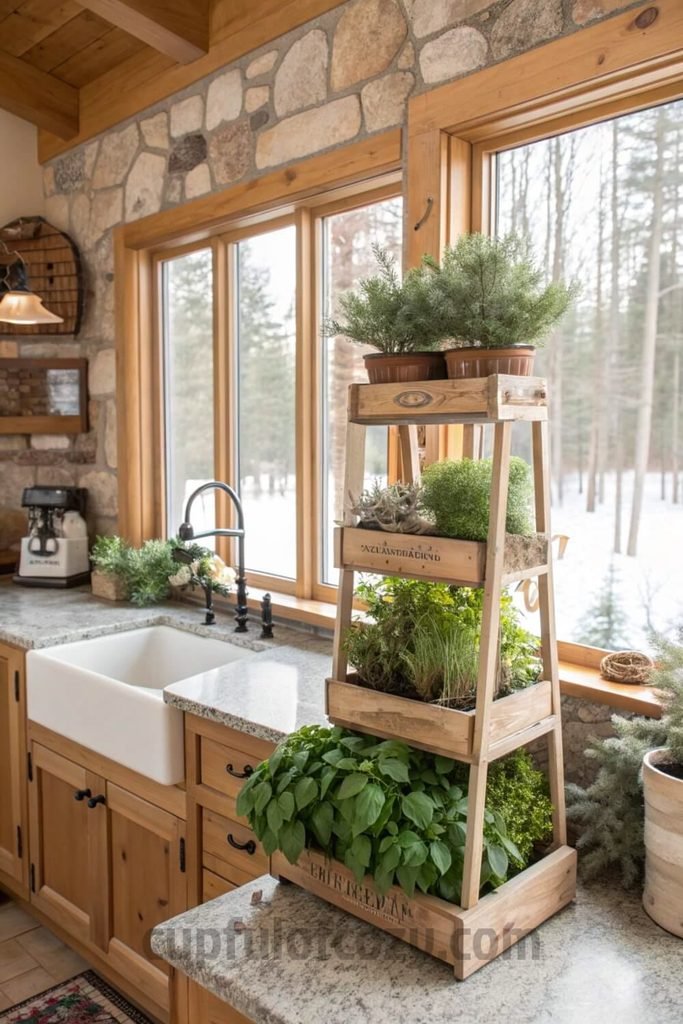 Old glass jars repurposed as a small kitchen herb garden with basil, mint, and handwritten plant labels.