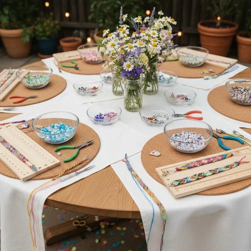 DIY creative birthday party featuring organized craft supplies, colorful beads, ribbons, paints and activity stations.
