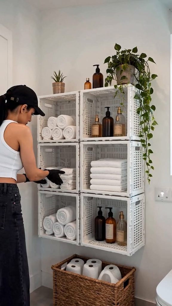 Recycled glass jars used as aesthetic bathroom organizers for cotton pads, hair accessories, and beauty essentials.