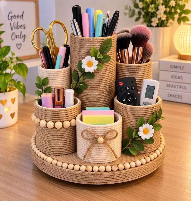 Painted glass jars transformed into stylish desk organizers for pens, pencils, and art supplies.