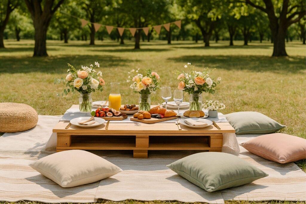 Modern picnic party with gingham blankets, floor cushions, fresh flowers, fruit platters and a low dining table.