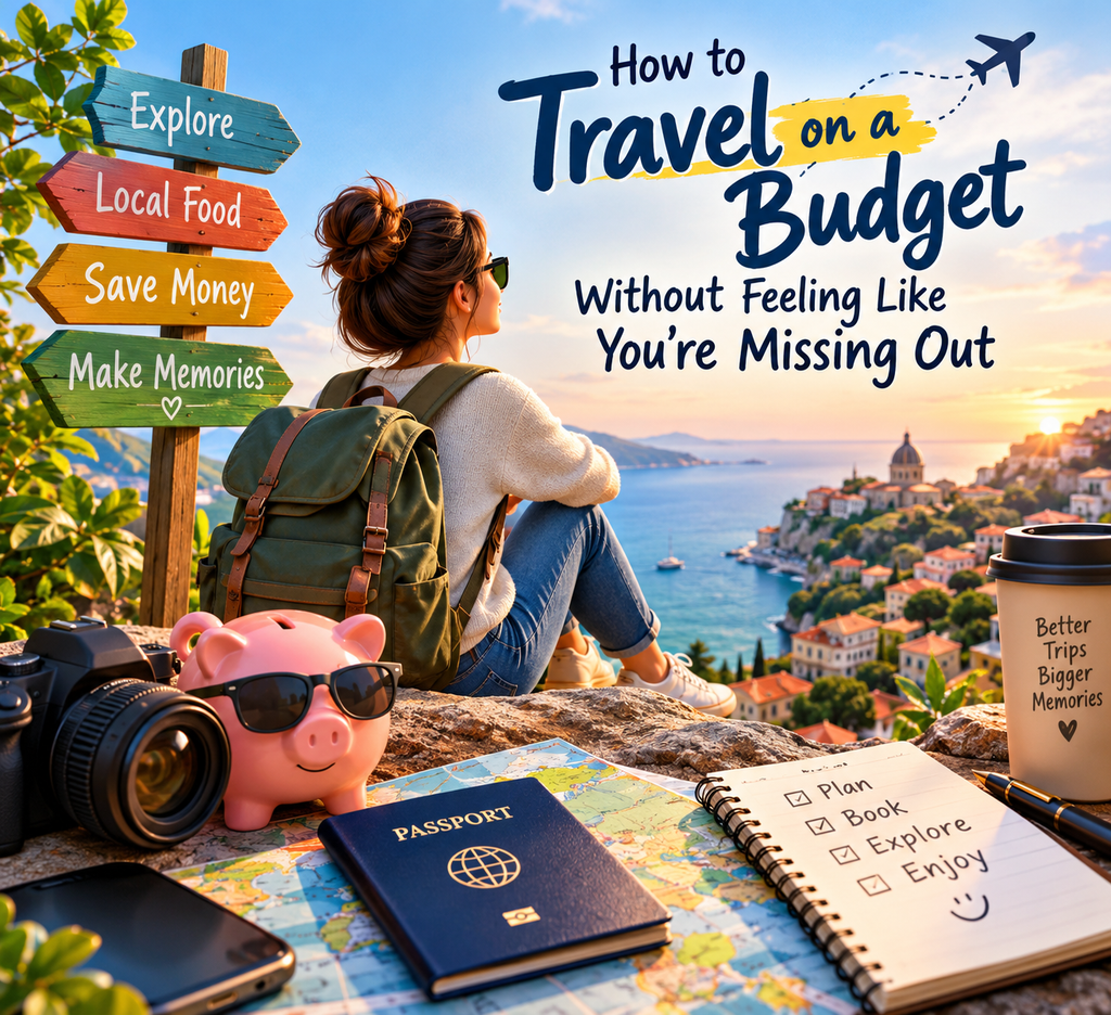 A scenic coastal town, backpack, passport, map, and money-saving travel essentials.