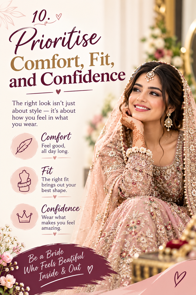 Confident bride wearing a perfectly fitted wedding outfit designed for comfort and timeless elegance.