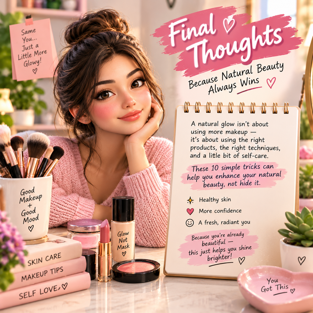 Final natural makeup look with a soft, radiant glow