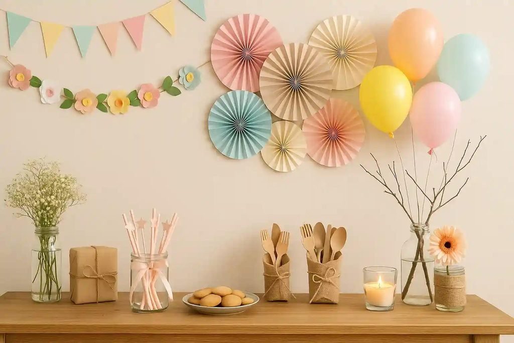 Budget-friendly party decorations featuring simple balloons, handmade flowers, candles and an elegant DIY dessert table.