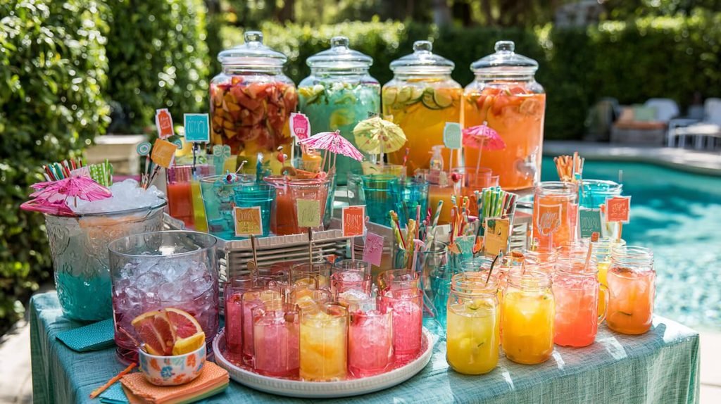 Tropical birthday party featuring palm leaves, bright flowers, citrus-inspired colors and a colorful drink station.