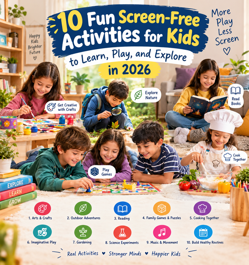 Children enjoying creative screen-free activities at home with their family.