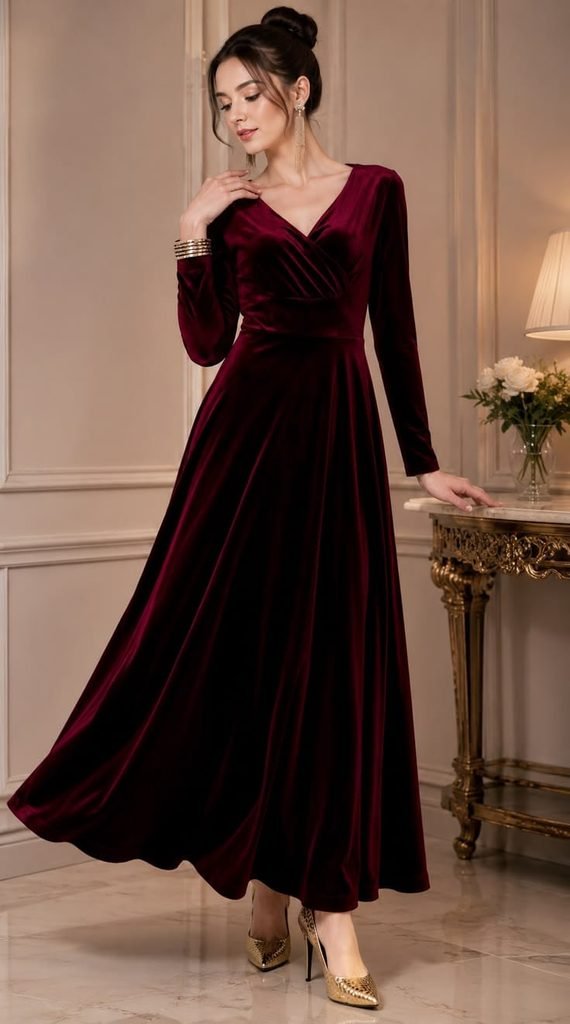 Elegant woman wearing a burgundy satin midi Christmas dress with heels and delicate gold accessories.
