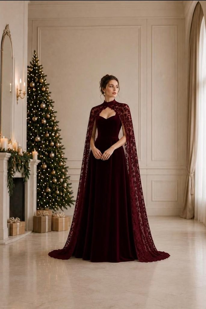 Woman wearing an elegant emerald-green maxi Christmas party dress with evening accessories.