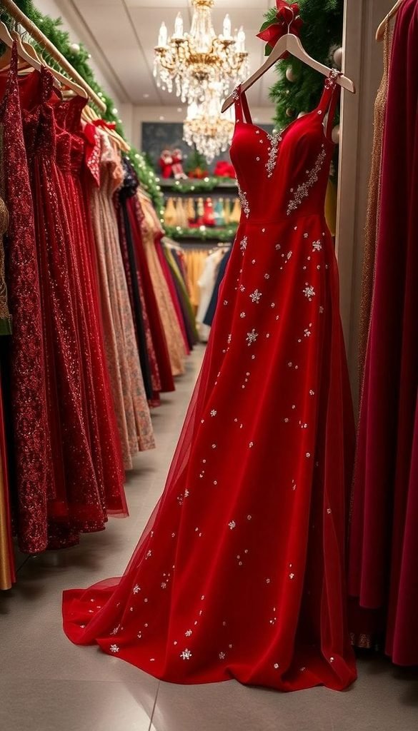 Close-up of velvet, satin, sequin, and knitted fabrics used in Christmas party dresses.
