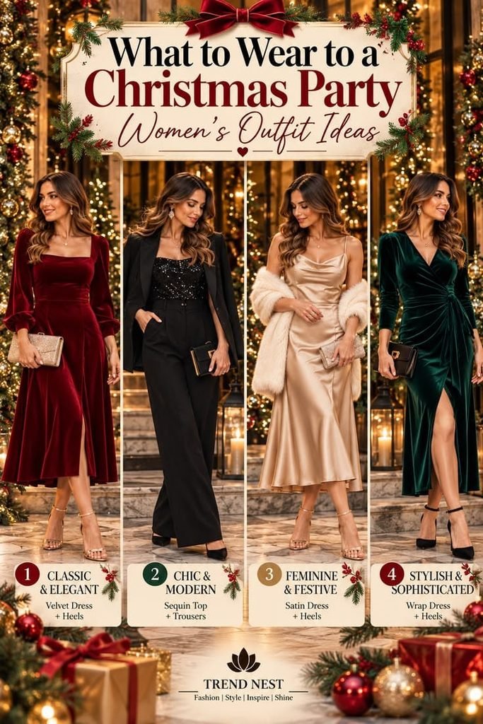 Christmas dress accessories featuring gold jewelry, a festive clutch, winter boots, and elegant heels.