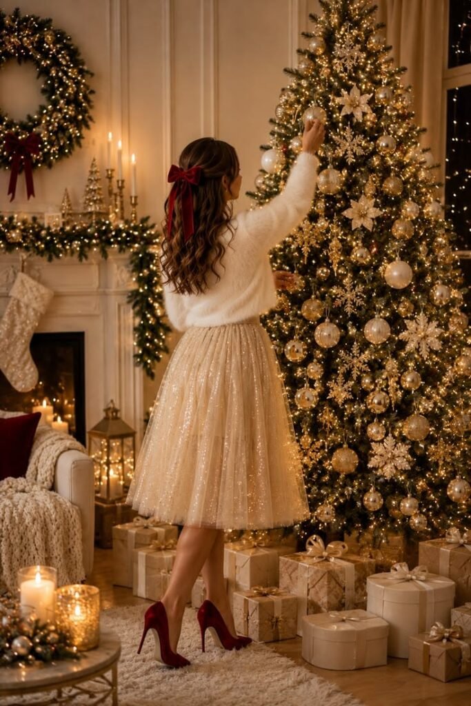 A stylish fashion editorial featuring three women wearing a red velvet mini dress, a burgundy satin midi dress, and an emerald-green maxi dress, with elegant winter accessories and a festive Christmas atmosphere.