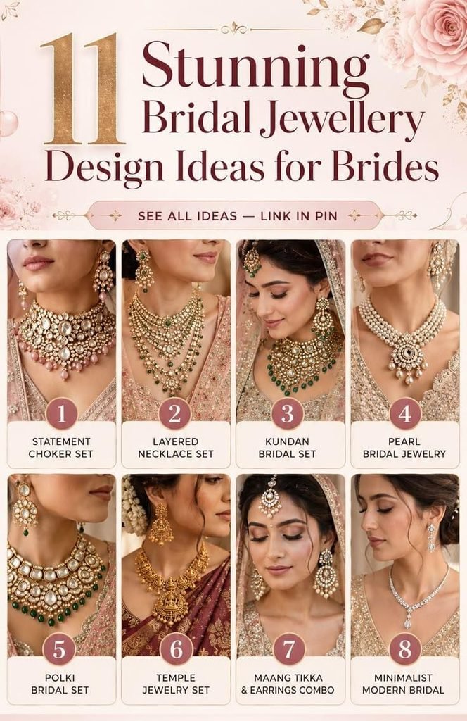 Elegant bridal jewelry featuring pearl earrings, traditional kundan necklaces, and delicate gold accessories.