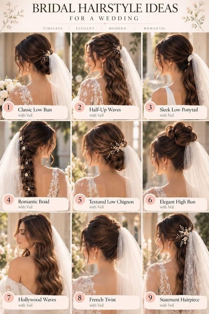 Modern bride with a classic low bun, soft waves, and elegant wedding hair accessories.