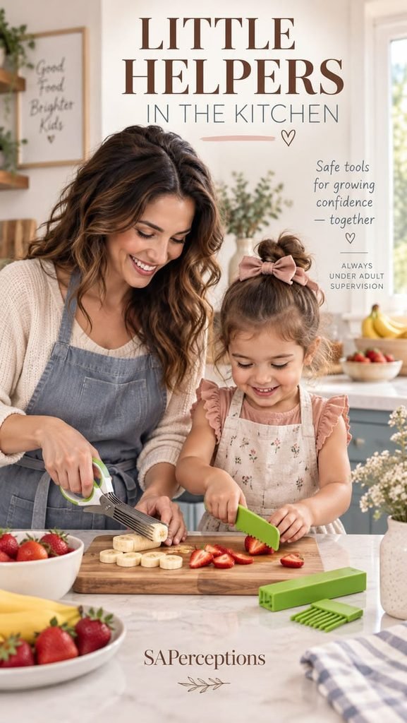 Children preparing a simple snack with a parent in the kitchen.