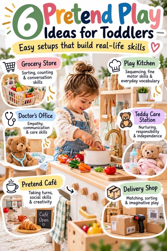 Children enjoying pretend shop or restaurant play with household props.