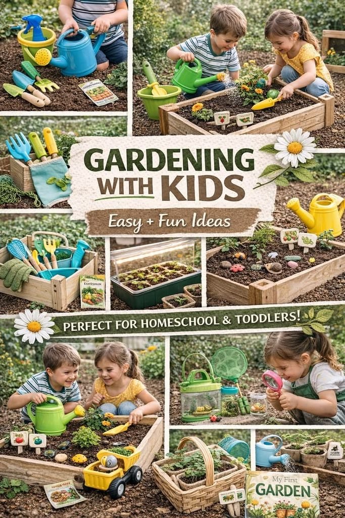 Children planting seeds and watering small plants in pots.