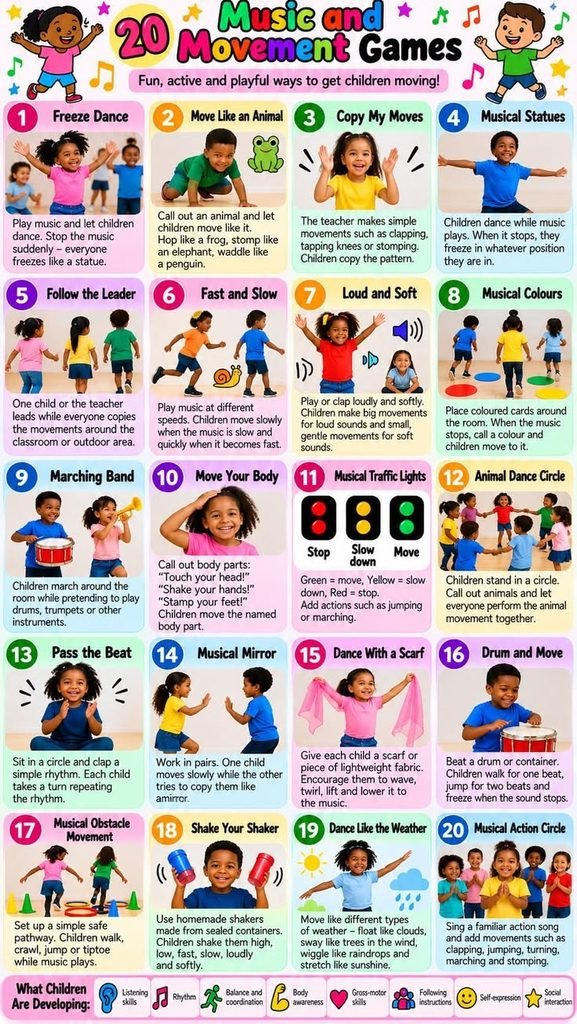 Children dancing and playing movement games in a living room.