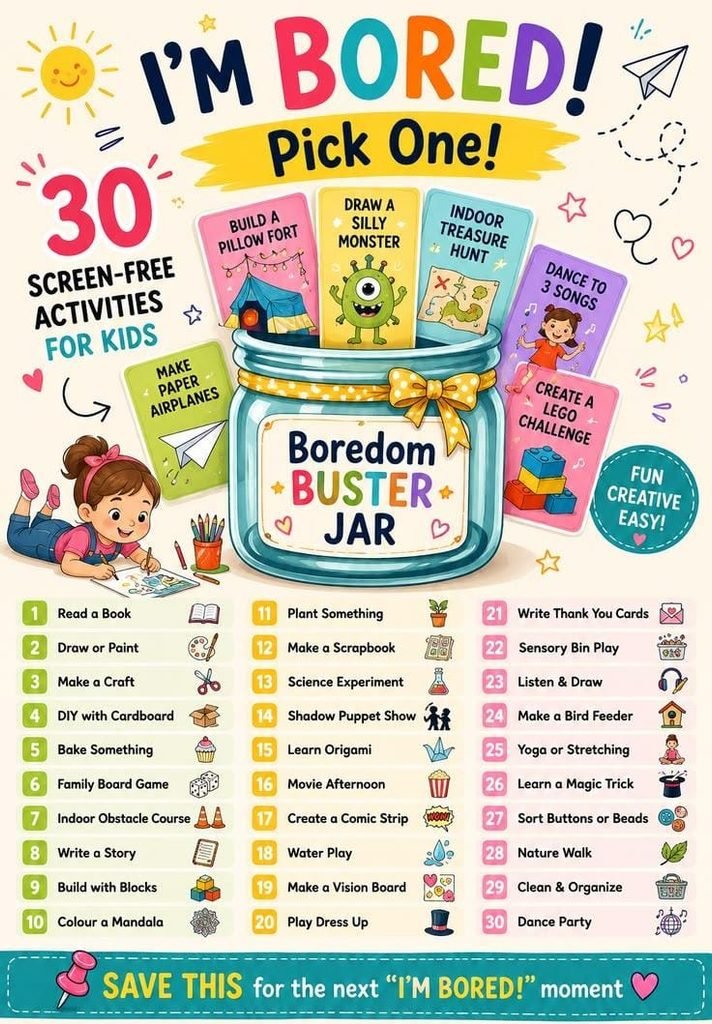 Children choosing books, crafts, and toys during family screen-free time.