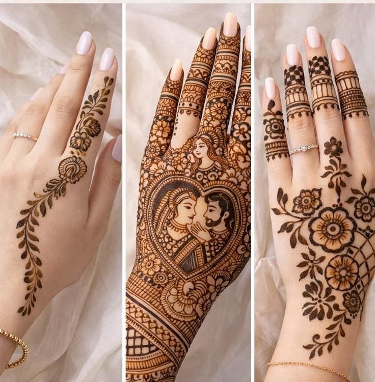 Beautiful collection of simple, bold, Arabic, and bridal mehndi designs for 2026 on decorated hands.