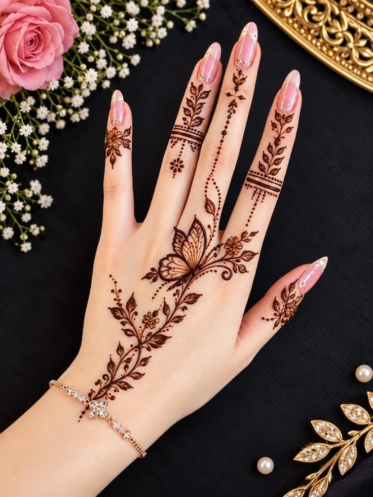 Simple floral mehndi design with delicate leaves and elegant finger patterns.