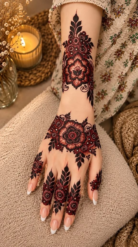 Bold mehndi design featuring large flowers, dark outlines, and striking paisley motifs.