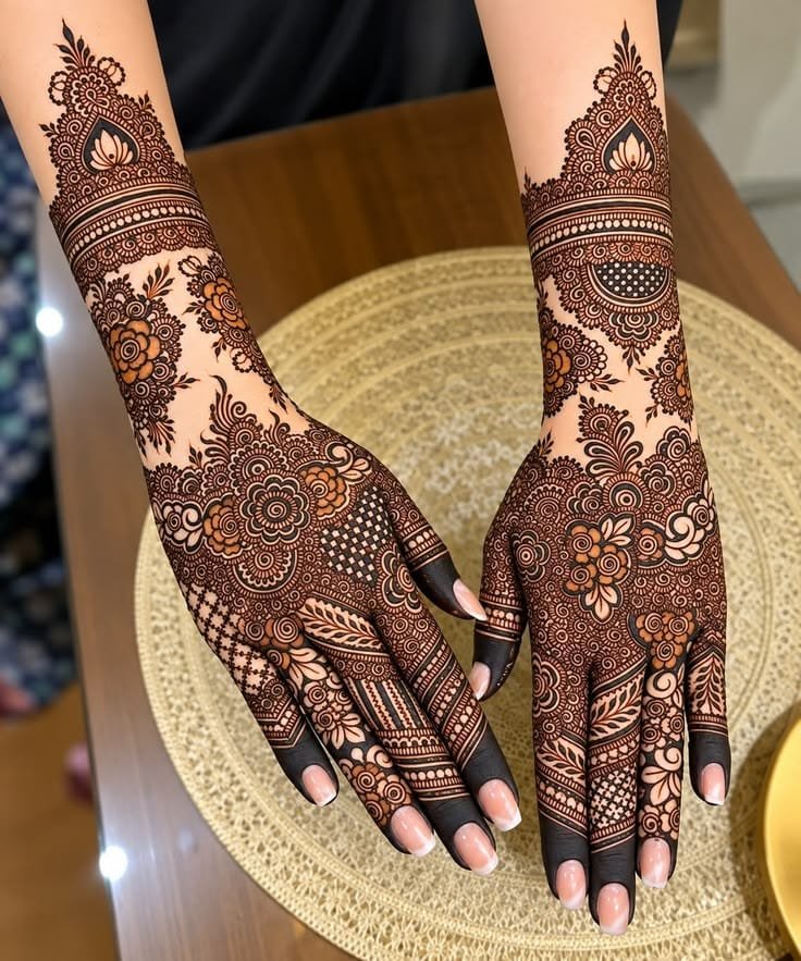 Intricate bridal mehndi design with traditional paisleys, mandalas, and detailed floral patterns.