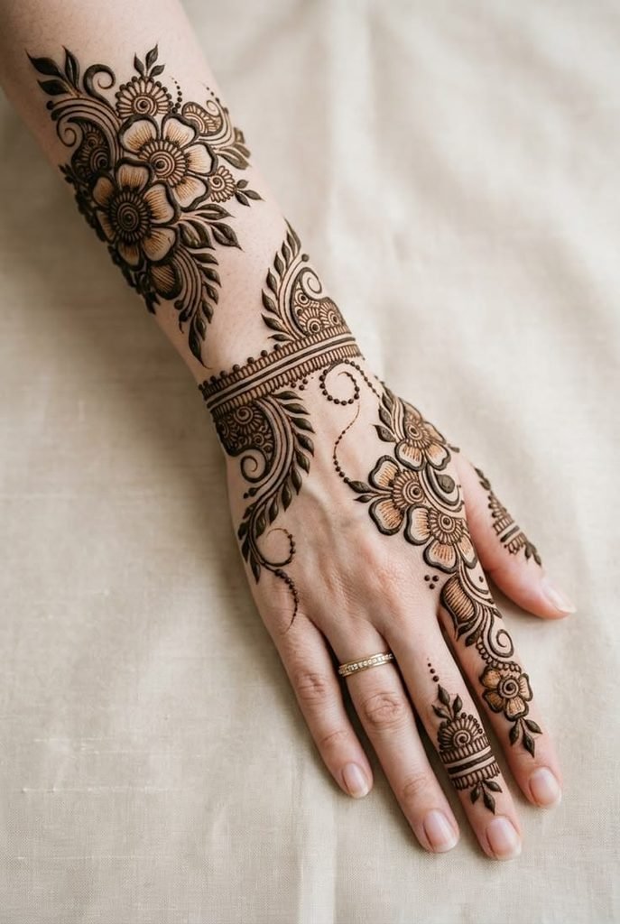 Arabic mehndi design with flowing floral vines and elegant diagonal patterns.