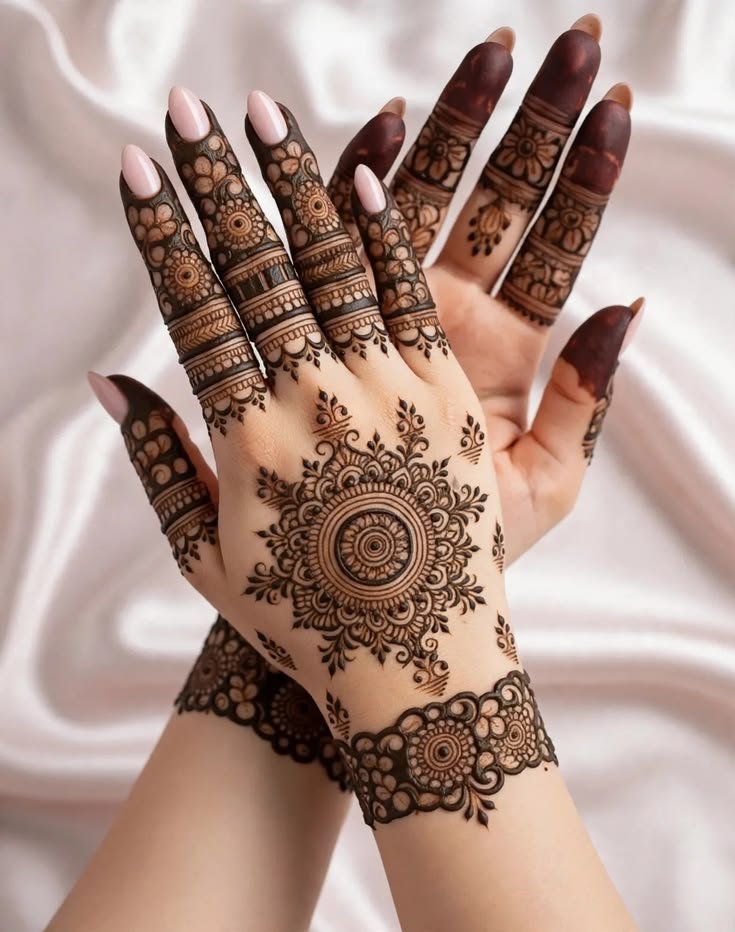 Circular mandala mehndi design with symmetrical petals and fine decorative details.
