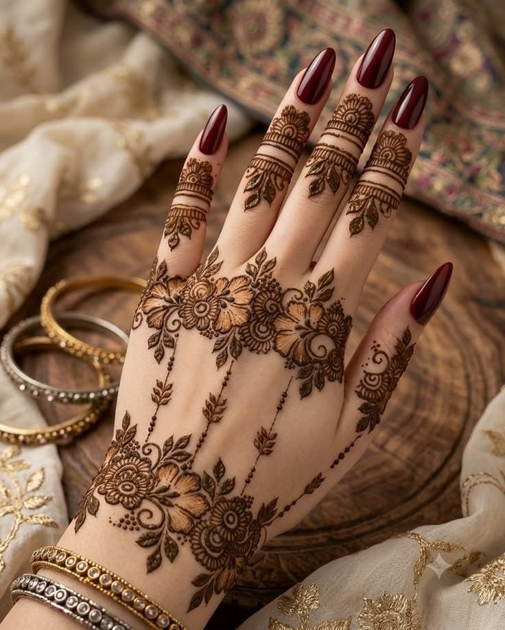 Alternative text: Elegant floral mehndi featuring decorative blossoms, leafy vines, and fine patterns.