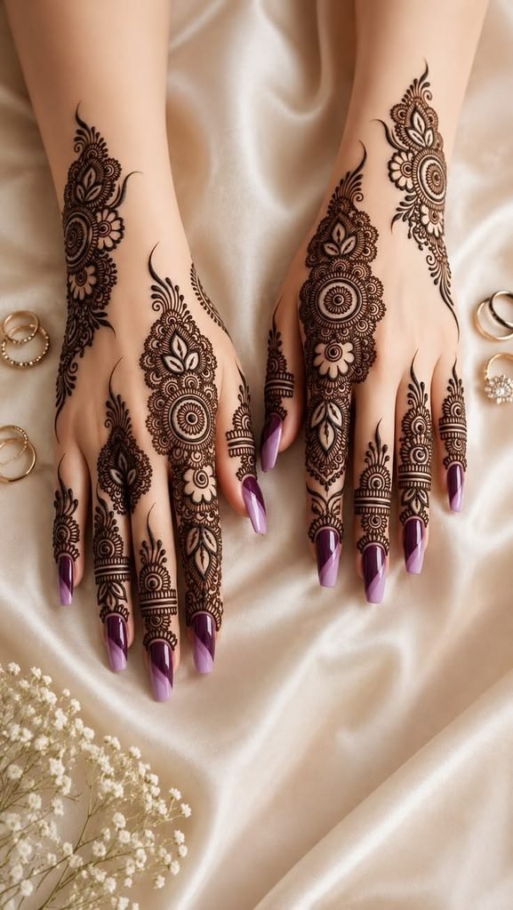 Pakistani mehndi design combining traditional paisleys, floral motifs, and intricate fingertip patterns.