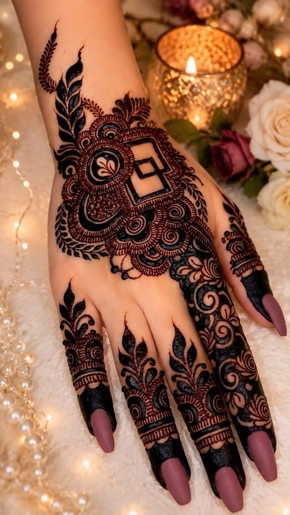 Modern back-hand mehndi design with a central flower, leafy details, and delicate finger patterns.