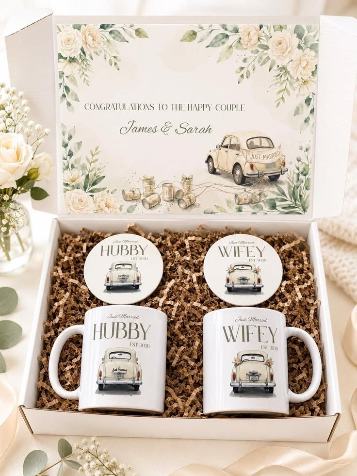 Matching personalized coffee mugs arranged as a wedding gift for newlyweds.