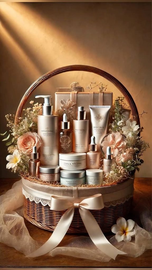 Luxury self-care hamper with scented candles, bath products, and skincare gifts.