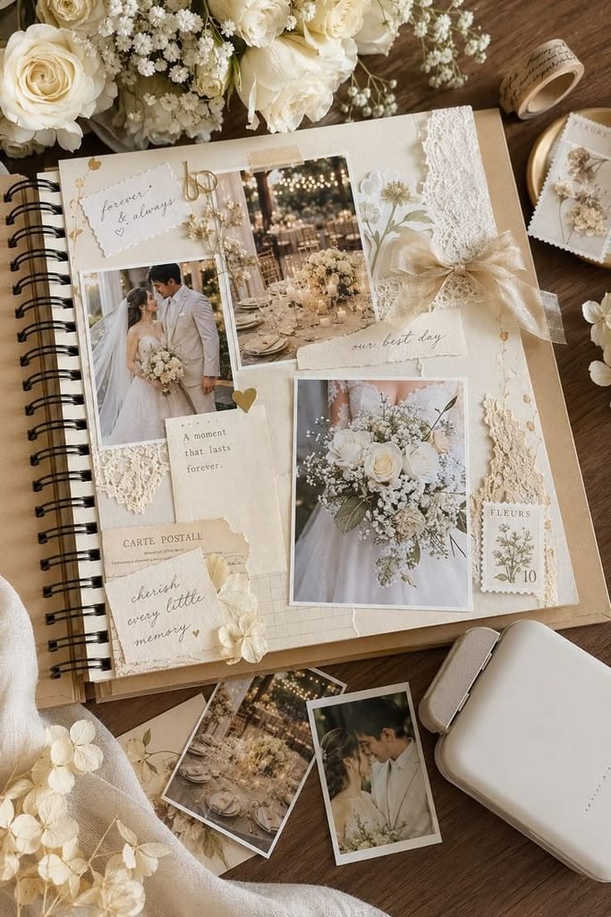 Personalized wedding memory book containing photographs and handwritten notes.