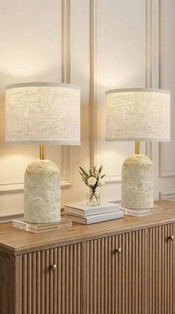 Elegant bedside table lamp with warm lighting and minimalist styling.
