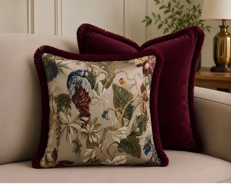 Neutral textured throw pillows styled on a cosy bed or sofa.