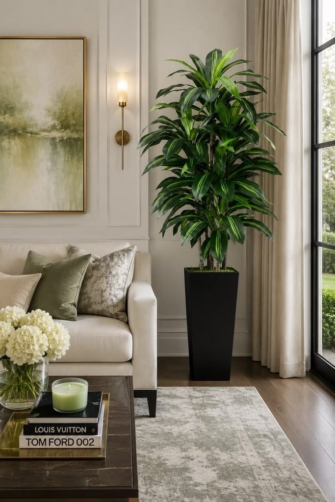 Realistic faux greenery in a neutral ceramic pot for stylish room decor.