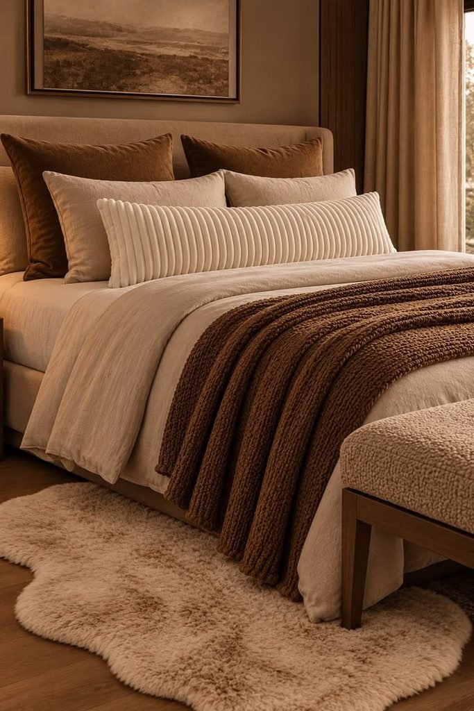Affordable neutral bedding with layered pillows and a textured throw blanket.