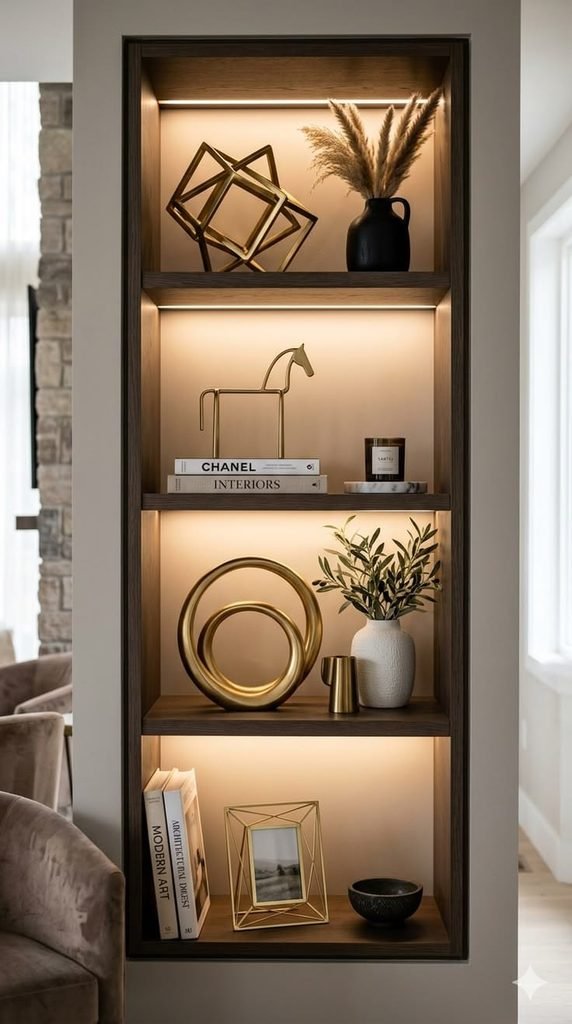 Minimalist shelf styling with books, ceramic vases, and decorative objects.