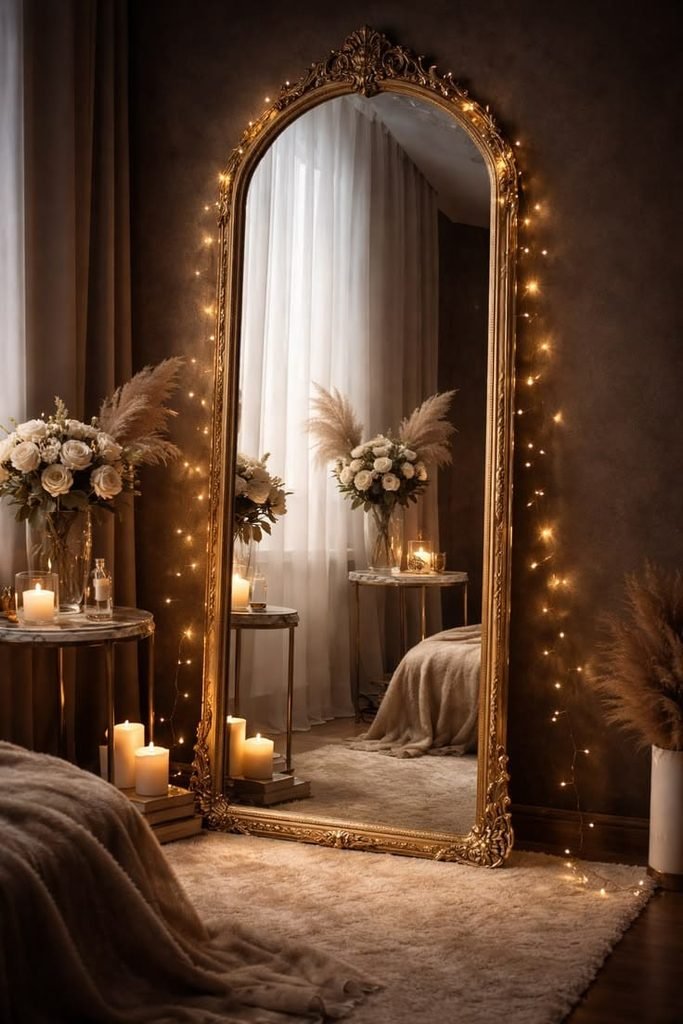 Affordable arched wall mirror reflecting natural light in a modern bedroom.