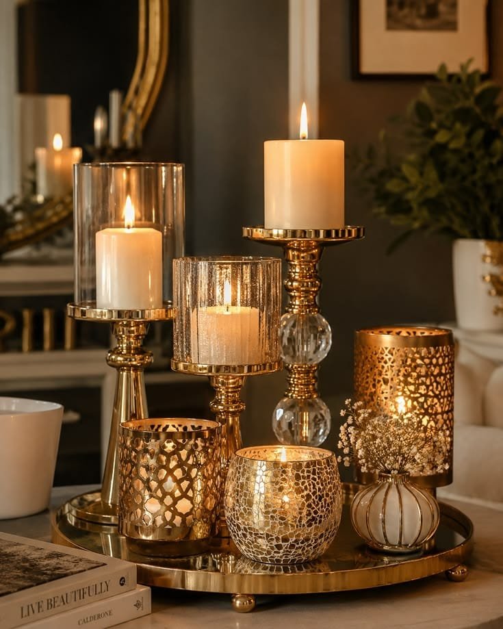 Decorative candle and ceramic tray creating an elegant bedside table display.
