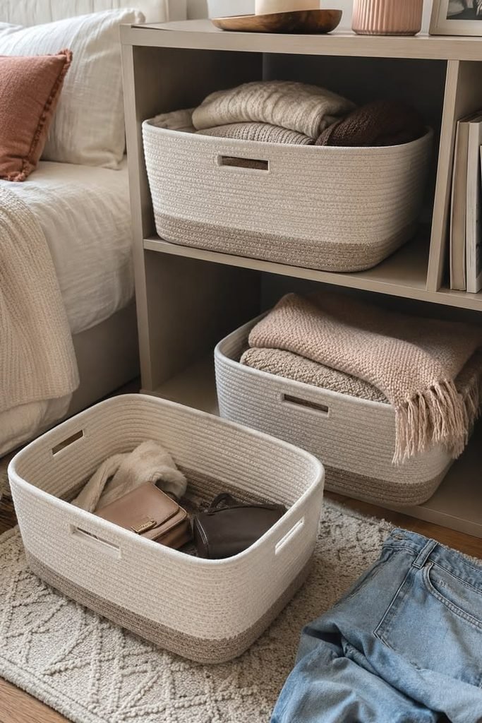 Neutral woven storage baskets keeping a modern bedroom organized and stylish.