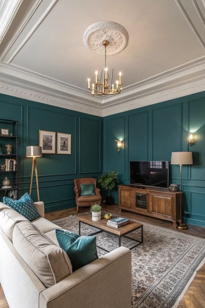 Coordinated neutral room decor combining wood, soft fabrics, ceramic, and glass.