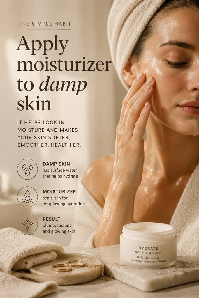 Applying hydrating moisturizer to damp skin during winter.