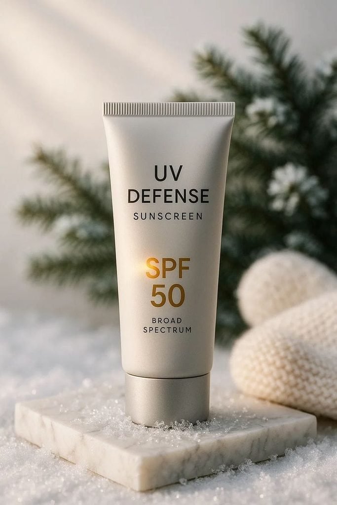 Applying broad-spectrum sunscreen as part of a winter skincare routine.