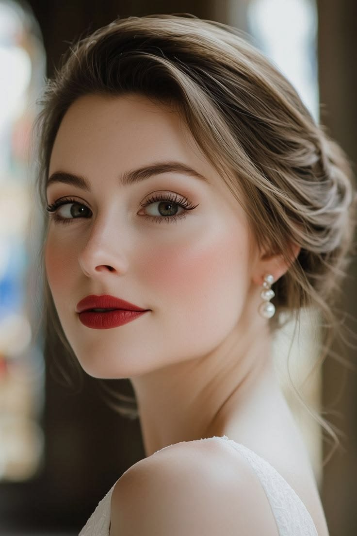 Classic Christmas party makeup with bold red lipstick, soft neutral eyeshadow, and glowing skin.