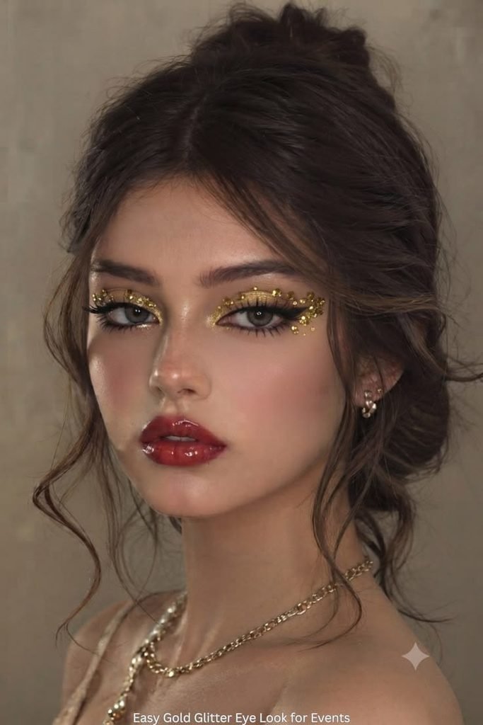 Golden glitter Christmas eye makeup with warm brown eyeshadow, defined lashes, and nude lipstick.